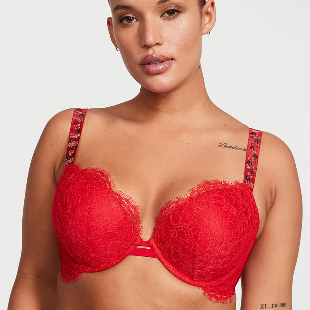 NEW Victorias Secret Shine Strap Cherry Red Lace Bra